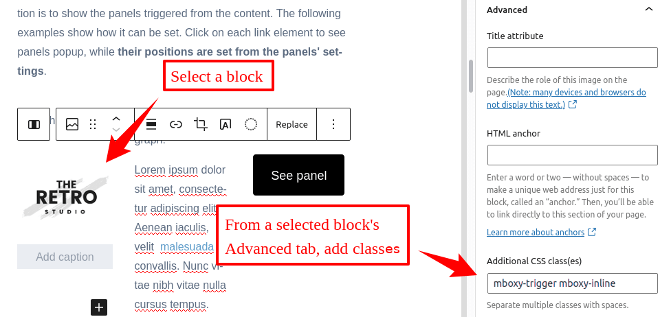 Setting a FloatAny panel inline by adding a class to the WordPress' image block