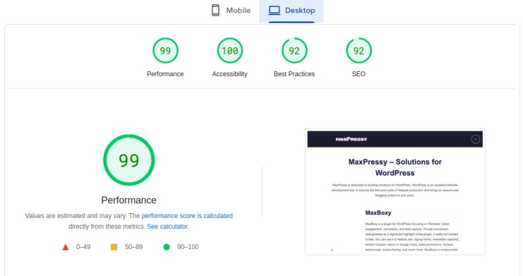 IceCubo WordPress theme, Google PageSpeed Insights - desktop result