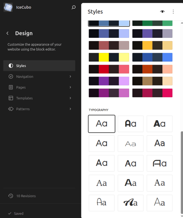 IceCubo typography options in styles section
