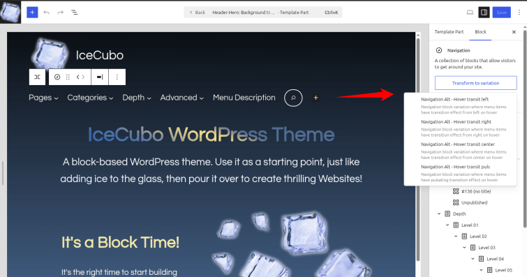 IceCubo navigation - transform to variation