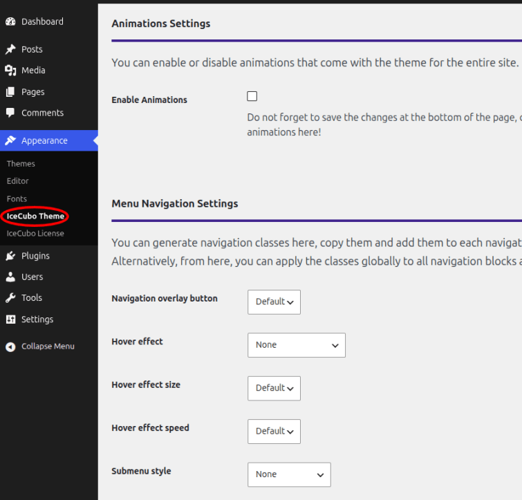 IceCubo theme options - Pro settings