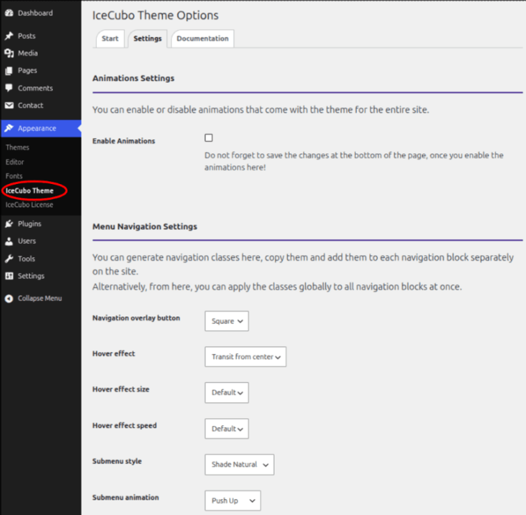 Settings for the IceCubo theme