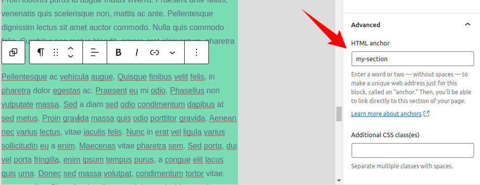 set a HTML anchor for a block in WordPress