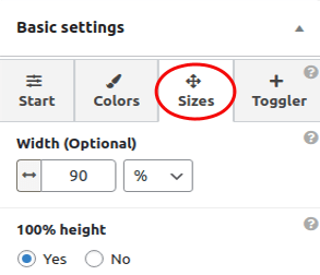 Float any settings- Sizes tab