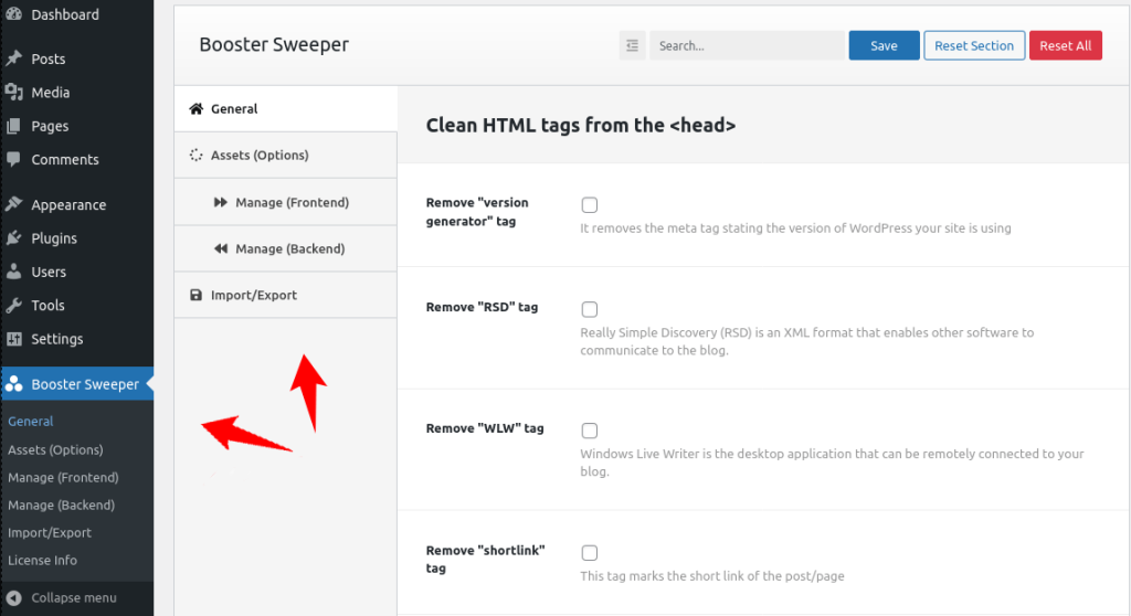 Booster Sweeper - options navigation