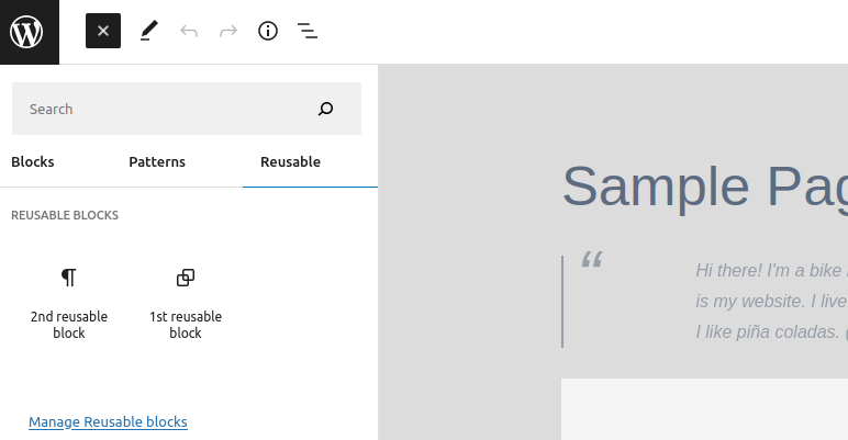 access WordPress' reusable blocks