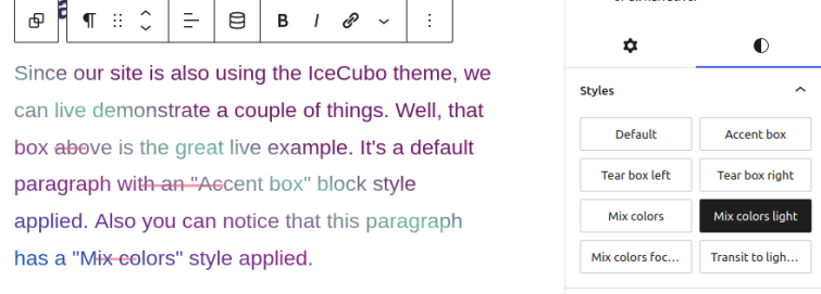 With IceCubo theme apply different styles to blocks. Example with paragraph aad mixed colors